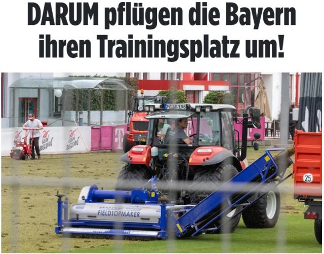 图片报：拜仁趁休赛期挖了训练场草皮，重新播种天然草的部分